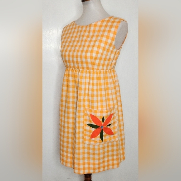 TANGERINE GINGHAM COTTON HANDMADE EMPIRE DRESS - Picture 1 of 9